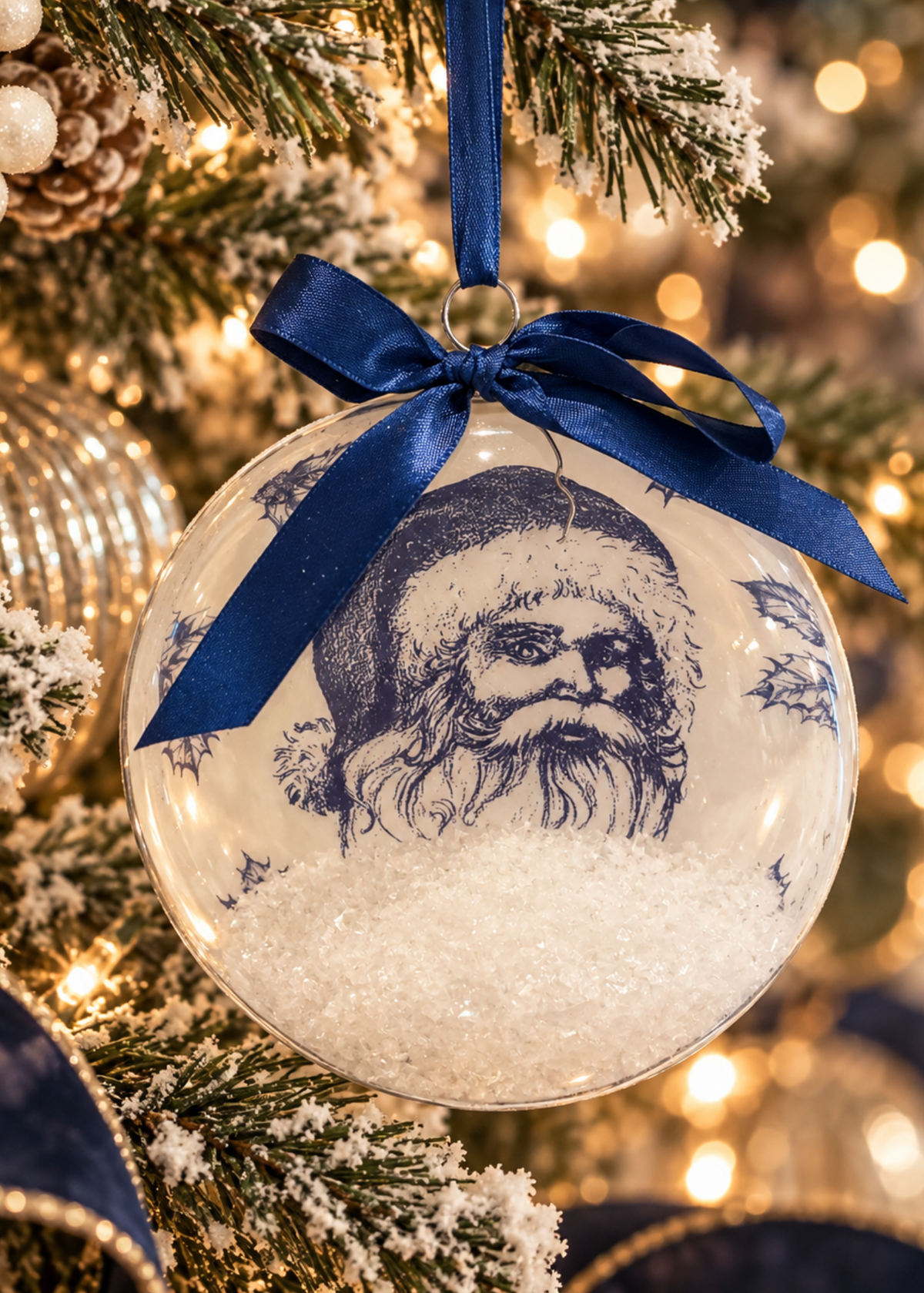 A clear round Christmas ornament hanging on a decorated tree, featuring a blue illustration of Santa's face above white faux snow, tied with a blue ribbon. Warm holiday lights and tree branches are blurred in the background.