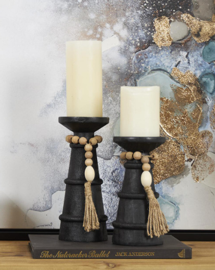 Black Wood Candle Holder W/ Beads