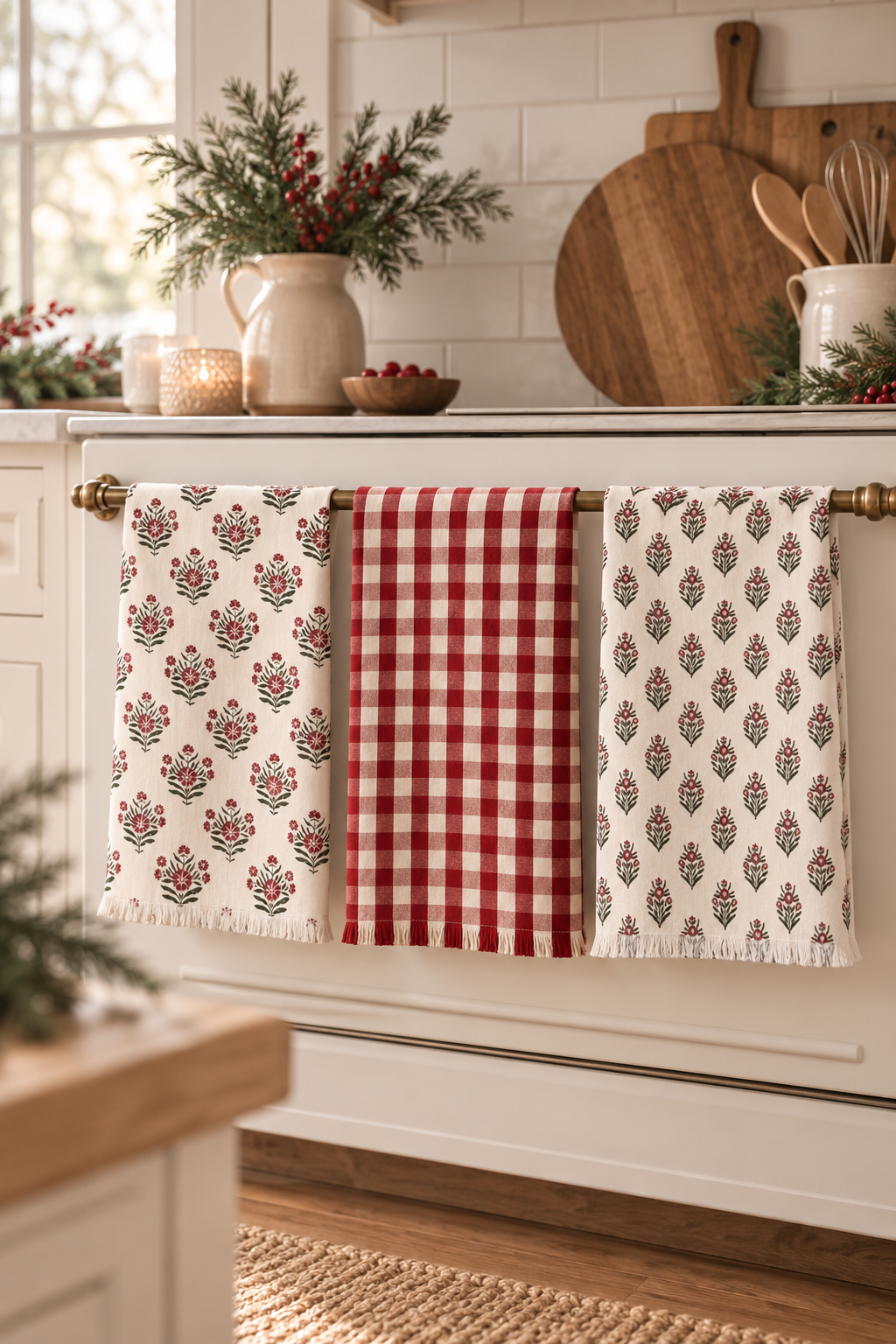 Three kitchen towels hanging on a brass rack over a white stove in a bright kitchen. The left towel is cream with a red and green floral block print, the middle towel is red and white gingham, and the right towel is cream with a red and green floral print.