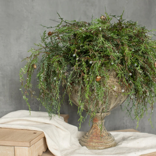 Decorative urn with greenery against a gray background