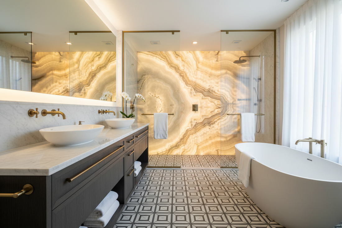 Bathroom Tile Floor With Cabinet Vanity and Tub