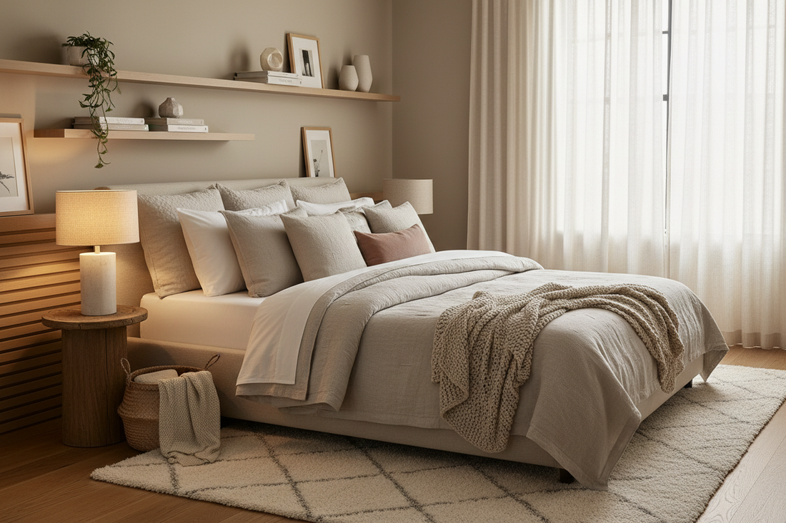 Bedroom with taupe blankets and pillows, open shelving with florals and pottery