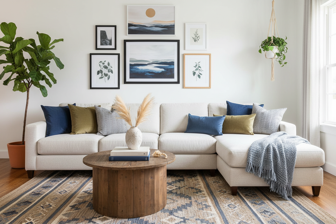 Living room with blue, green, gray colors.
