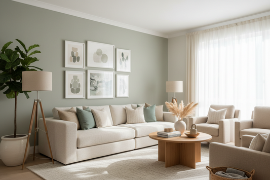 Green, White, Taupe Color Pallet in Living Room