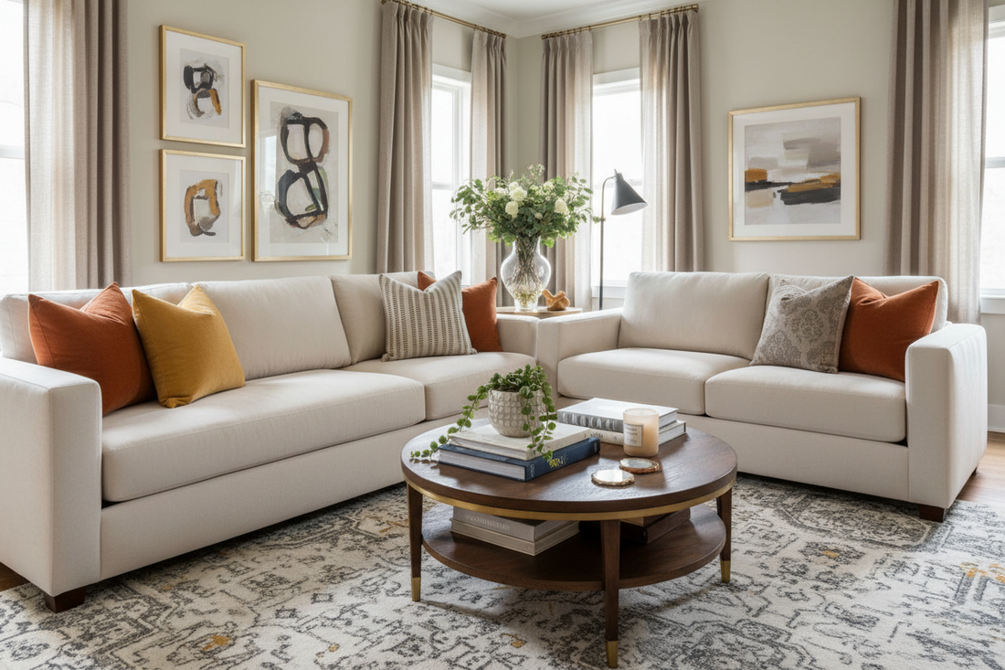 living room with white couch, gold frame pictures, green plants, and rug