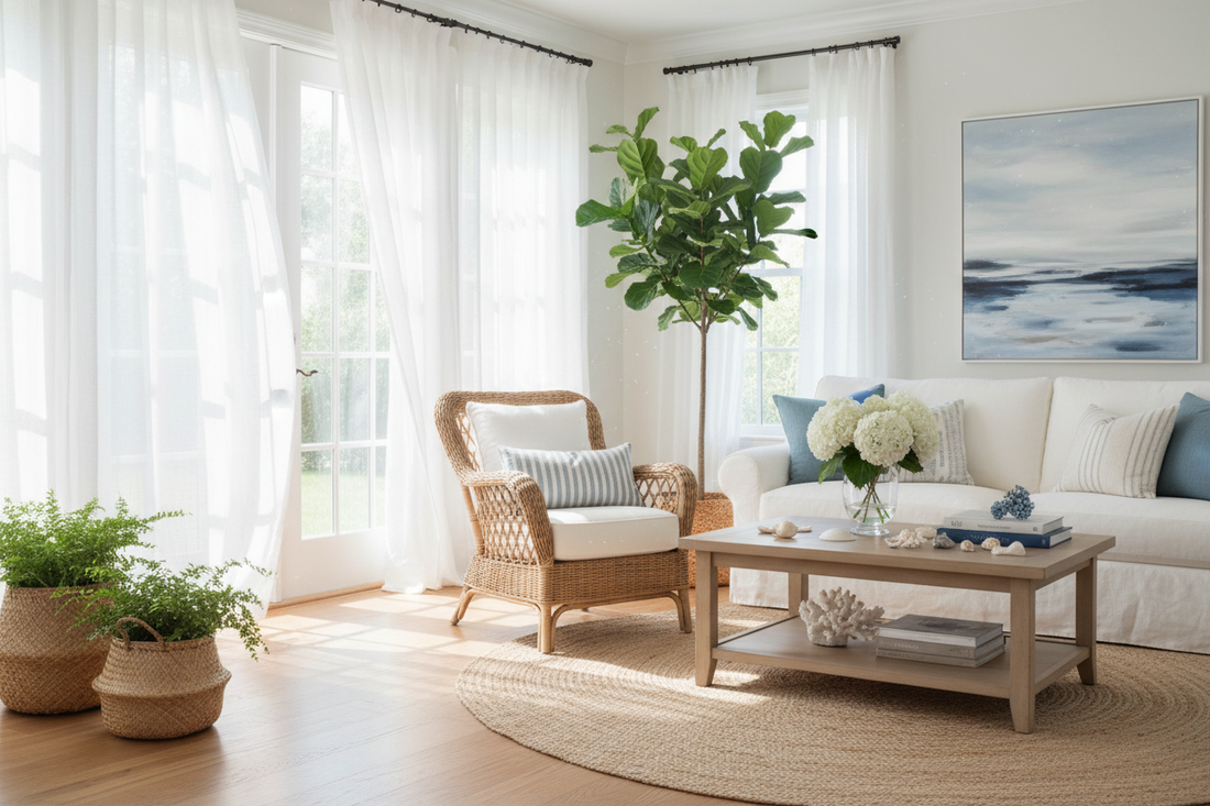 Sun lit living room with lake theme decor