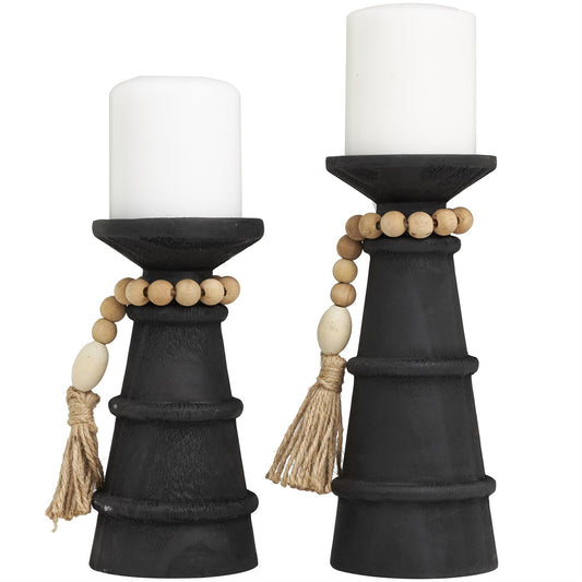 Black Wood Candle Holder W/ Beads