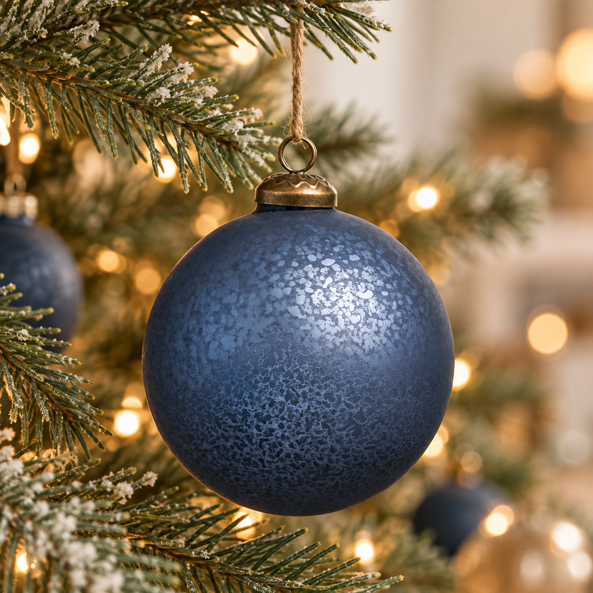 A textured dark blue Christmas ornament hanging from a decorated evergreen tree with warm bokeh lights in the background.