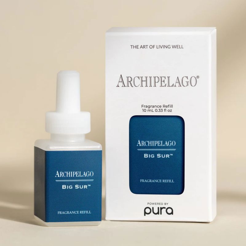 Archipelago Big Sur fragrance refill bottle and packaging on a beige background