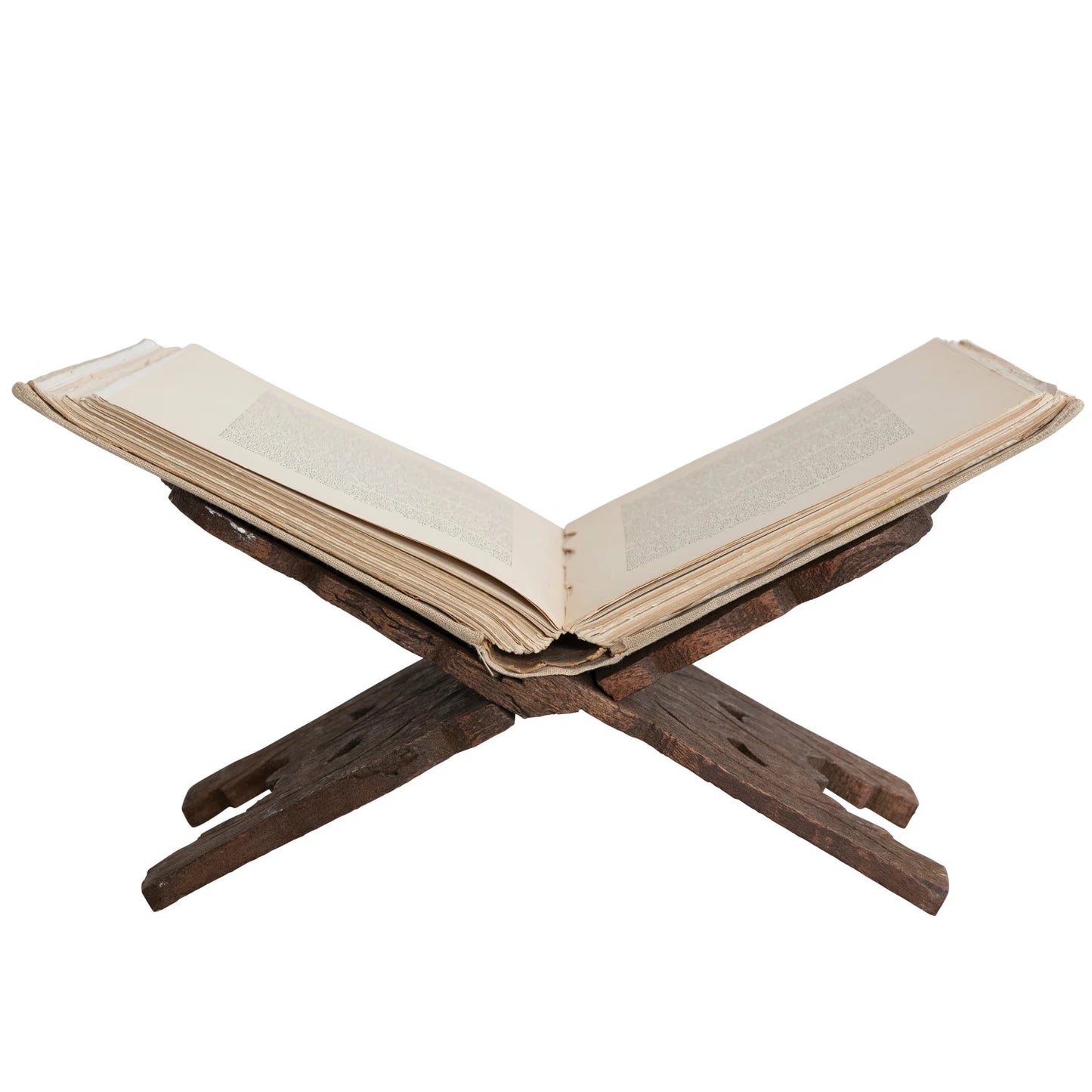 Dark brown stained wooden countertop or table top book stand with an open book on a white background