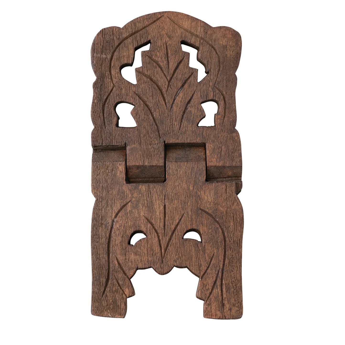 Dark stained wooden countertop book stand with intricate carvings on a white background