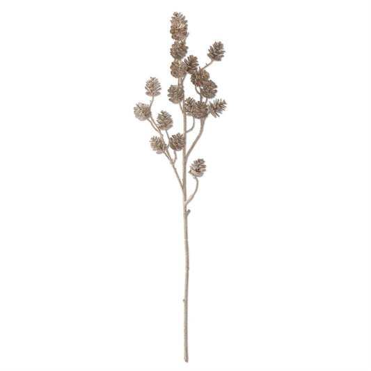 Decorative branch with pinecone-like flowers on a white background
