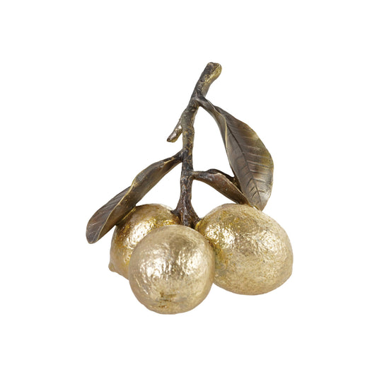 Decorative bronze branch with gold lemons on a white background