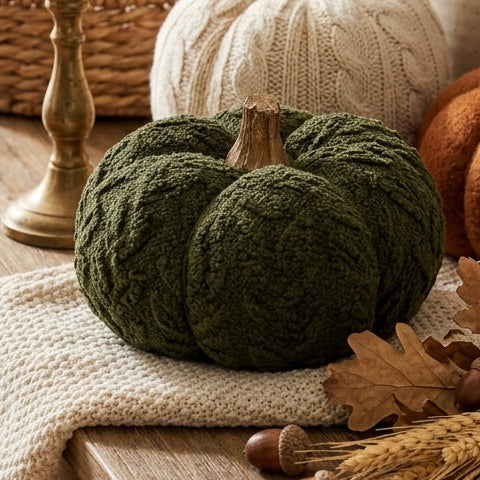 A dark olive green knit pumpkin decoration styled on a cream knit blanket with autumn leaves, acorns, wheat, a candlestick, and other fall decor in the background.