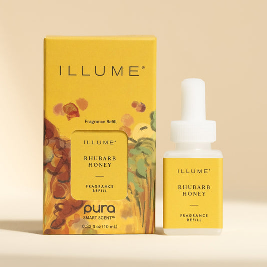 ILLUME Rhubarb Honey fragrance refill packaging and bottle on a beige background