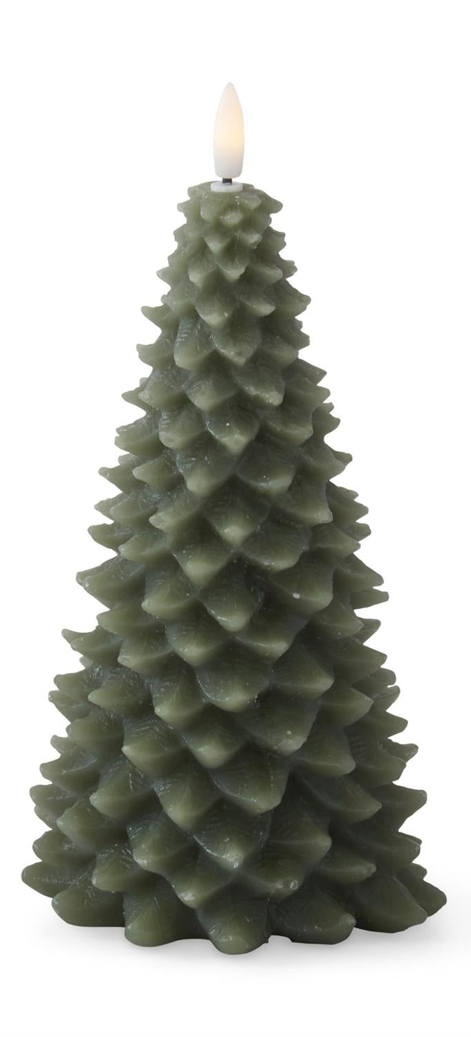 An no flame lit olive green pinecone-shaped candle with a small white wax wick and a lit flame, shown against a plain white background.