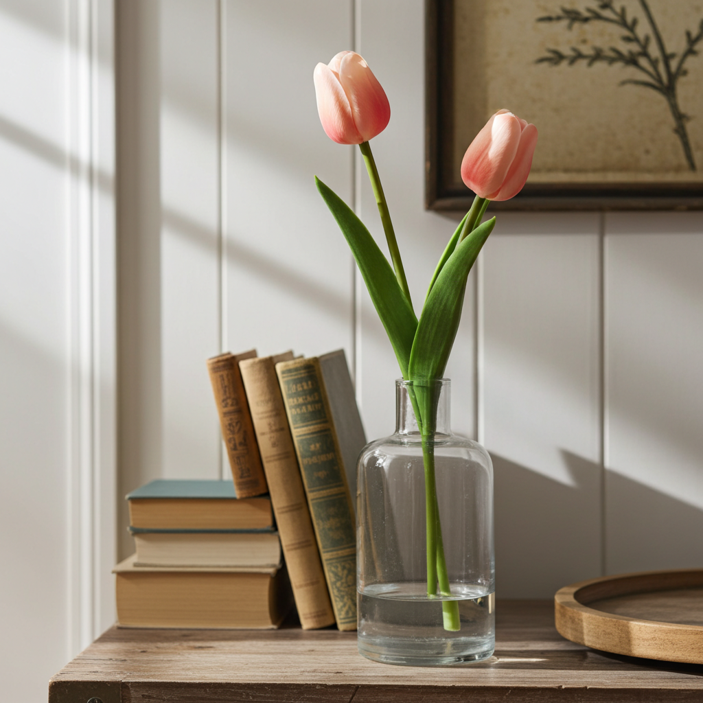 Pink tulips in a clear vase on a wooden surface with books and a framed picture in the background.