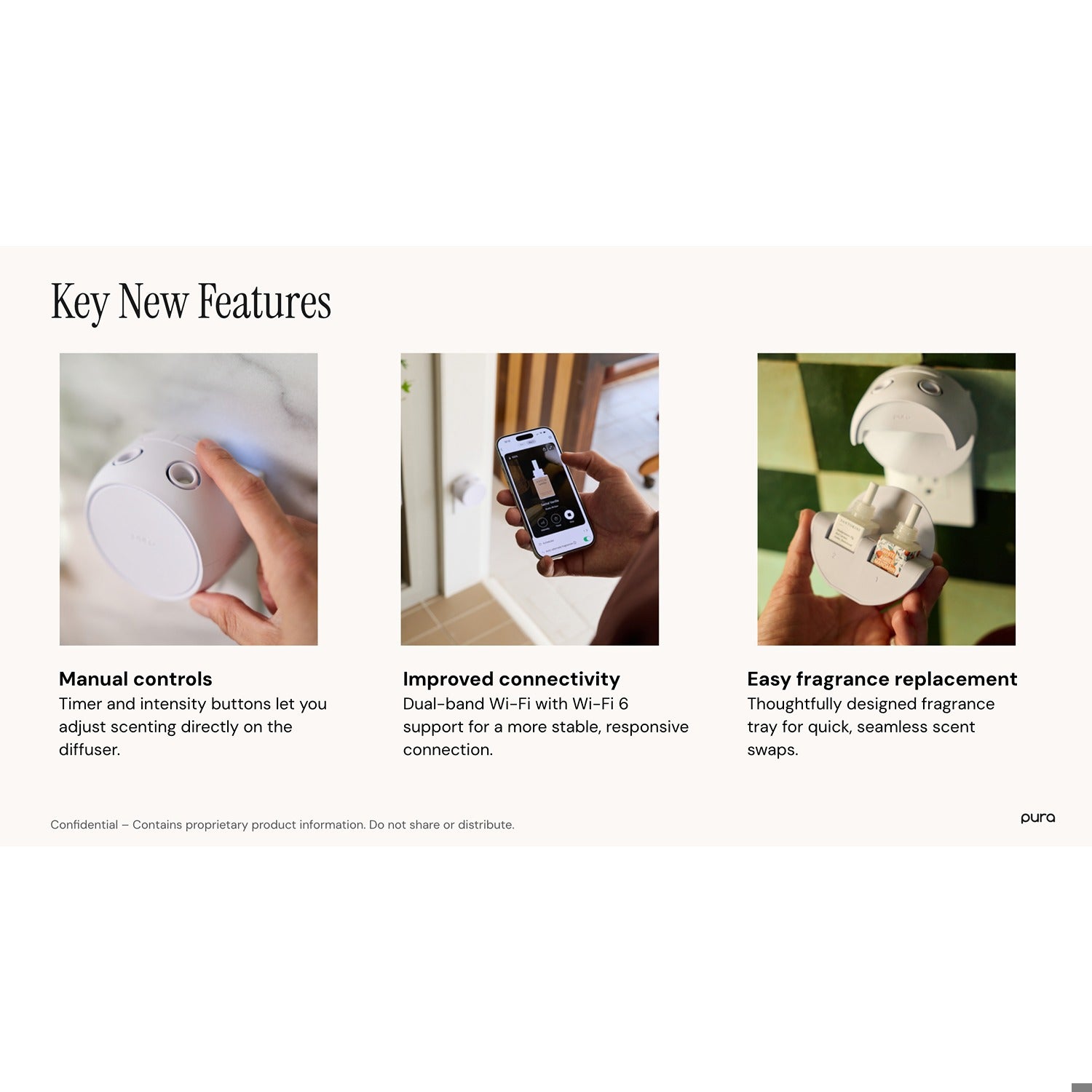 Product features with images and text on a white background show easy use of the Pura Refillable Scents
