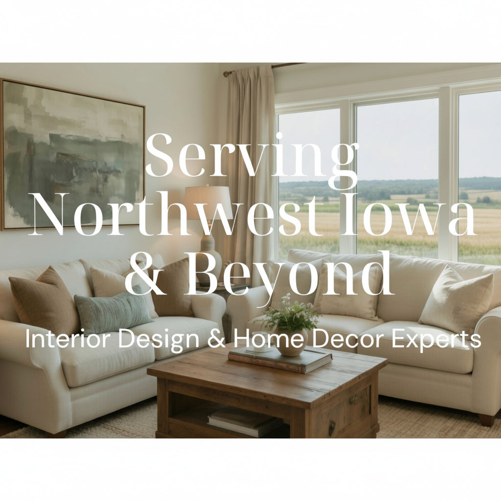 Living room with beige sofa, wooden coffee table, and large windows showing a scenic view. Text overlay about serving Northwest Iowa & Beyond.
