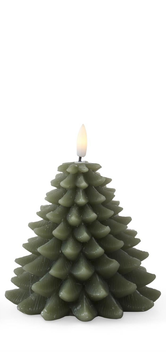 A no flame lit Christmas tree-shaped candle in olive green wax, photographed against a clean white background.