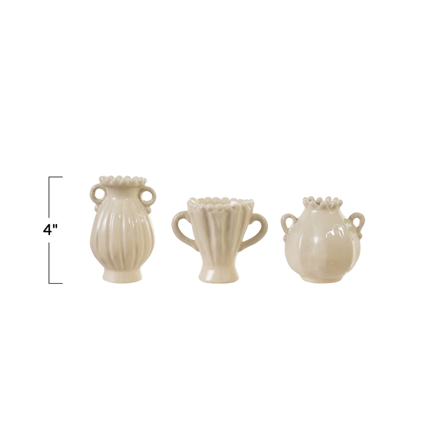 Small cream colored decorative vases with handles and textured/scalloped details