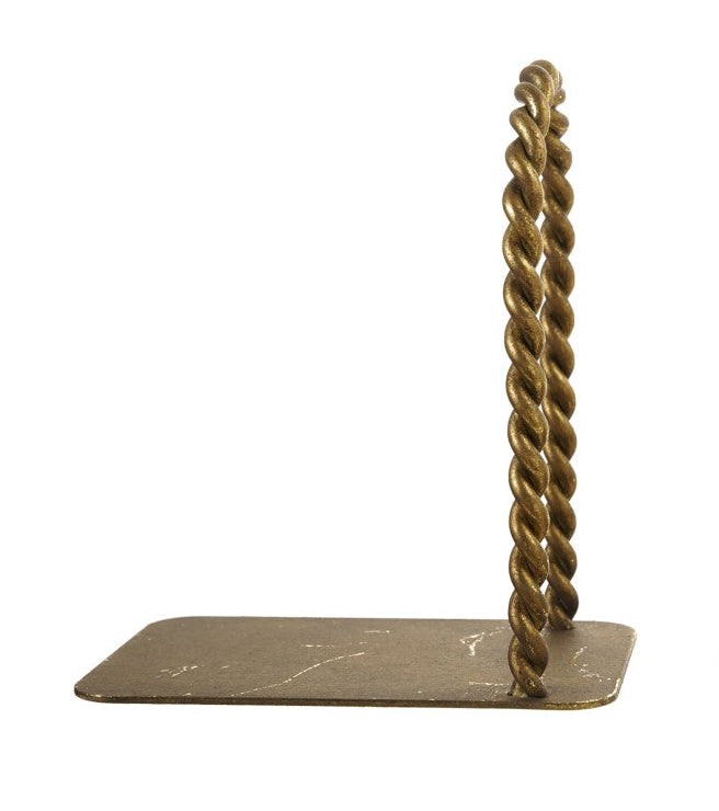 Pair of brass bookends with rope-like design on a white background