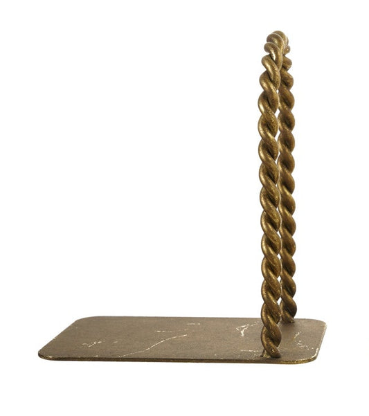 Pair of brass bookends with rope-like design on a white background