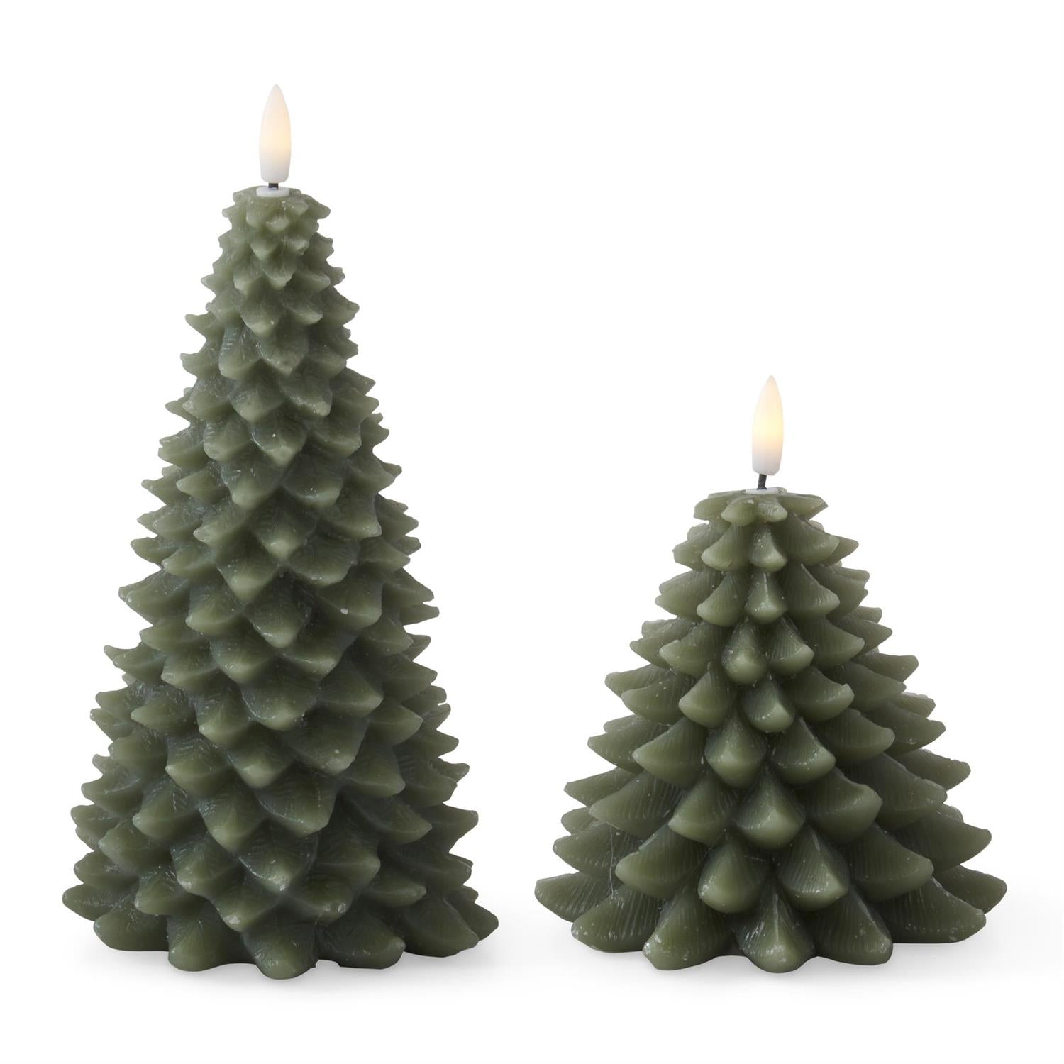 Two olive green Christmas tree-shaped candles with textured, layered scales and small glowing flame tops, shown on a plain white background.