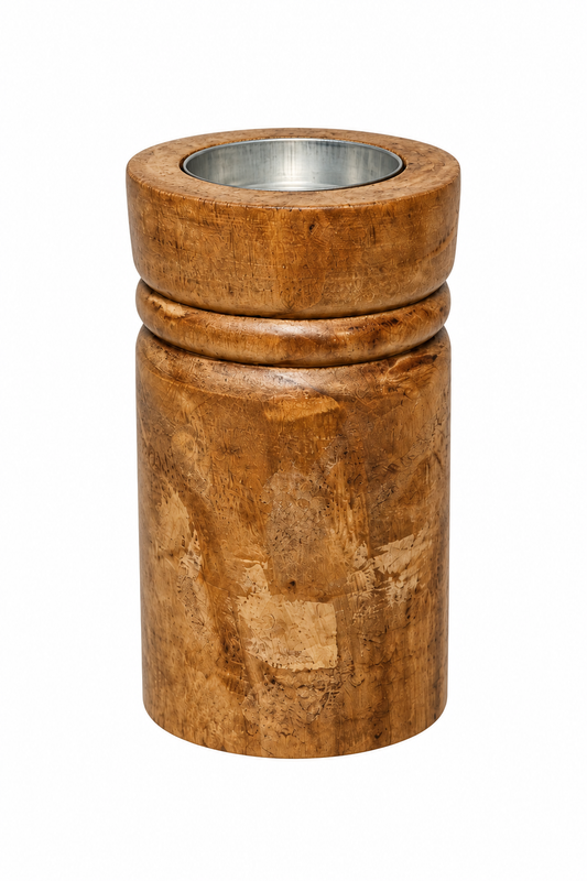 A rustic wooden cylindrical holder with a natural brown wood grain finish and a polished silver metal inner cup, shown on a solid white background.