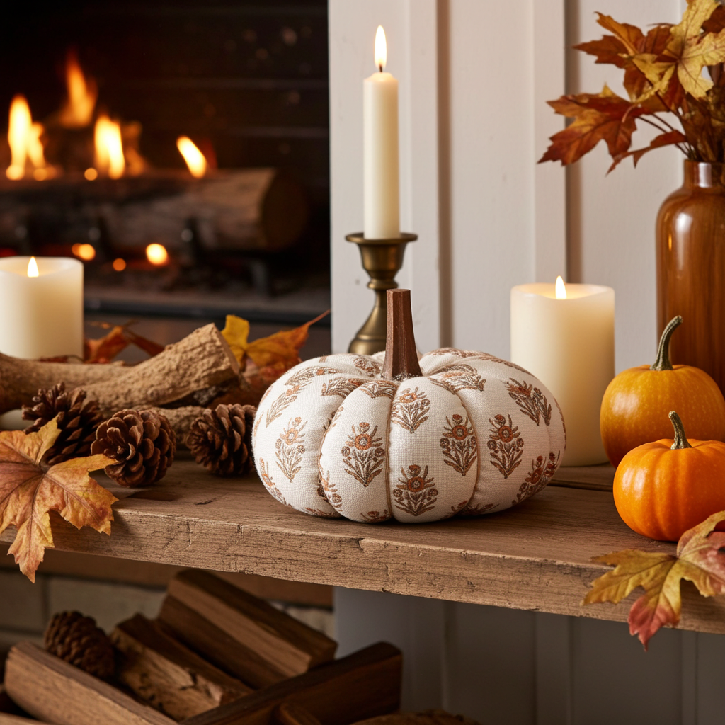 A decorative fabric-covered pumpkin with a brown botanical pattern sits on a rustic wooden mantel in a cozy indoor setting with lit candles, pinecones, autumn leaves, and a fireplace in the background.