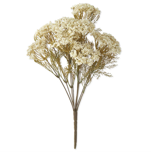 An artificial dried flower stem featuring clusters of small cream-colored blossoms on branching brown stems, isolated on a solid white background.