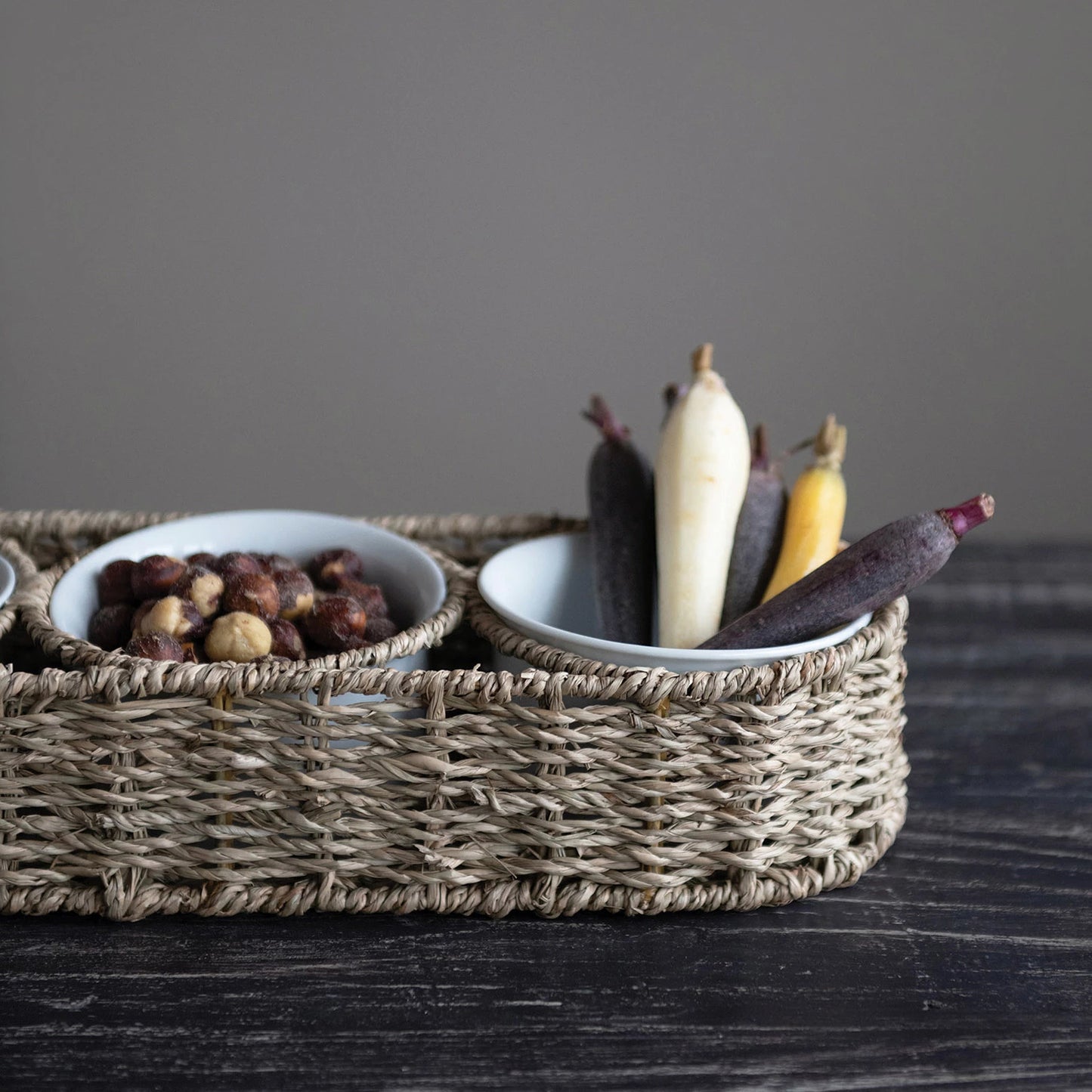 Seagrass Basket with Ceramic Bowls