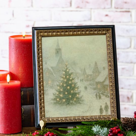 A framed winter village scene with a glowing Christmas tree, styled with red candles, books, pine branches, and red berries against a light brick wall.