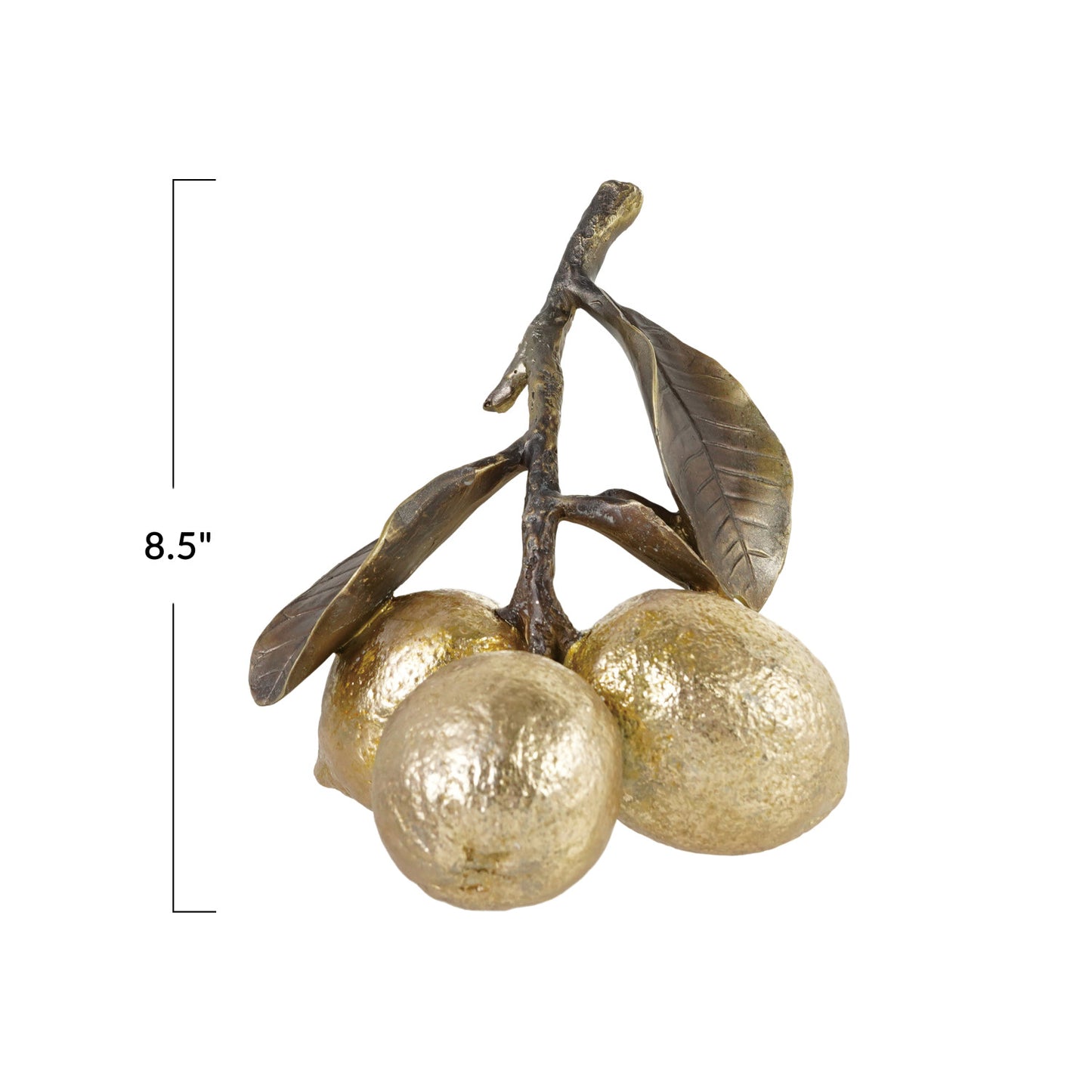 A decorative branch sculpture with three textured gold lemons on stem and dark metallic leaves, shown on a white background with an 8.5-inch height measurement marker.