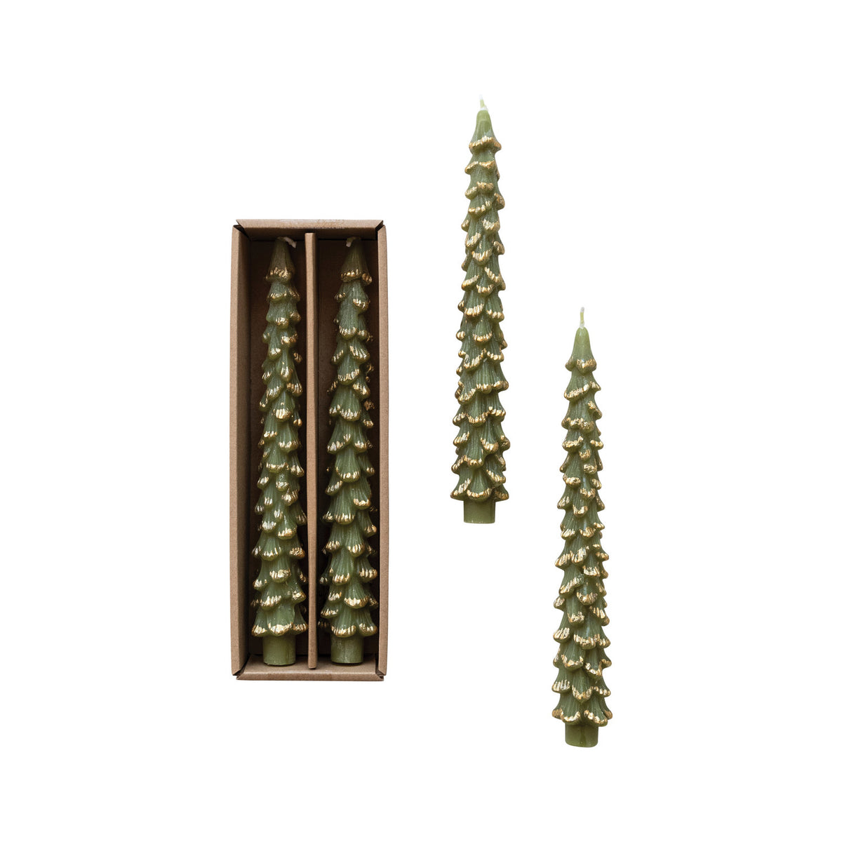 Set of green tree-shaped candles with a box on a white background