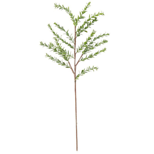 Artificial thirty three inch myrtle branch  with green leaves and brown stem on a white background