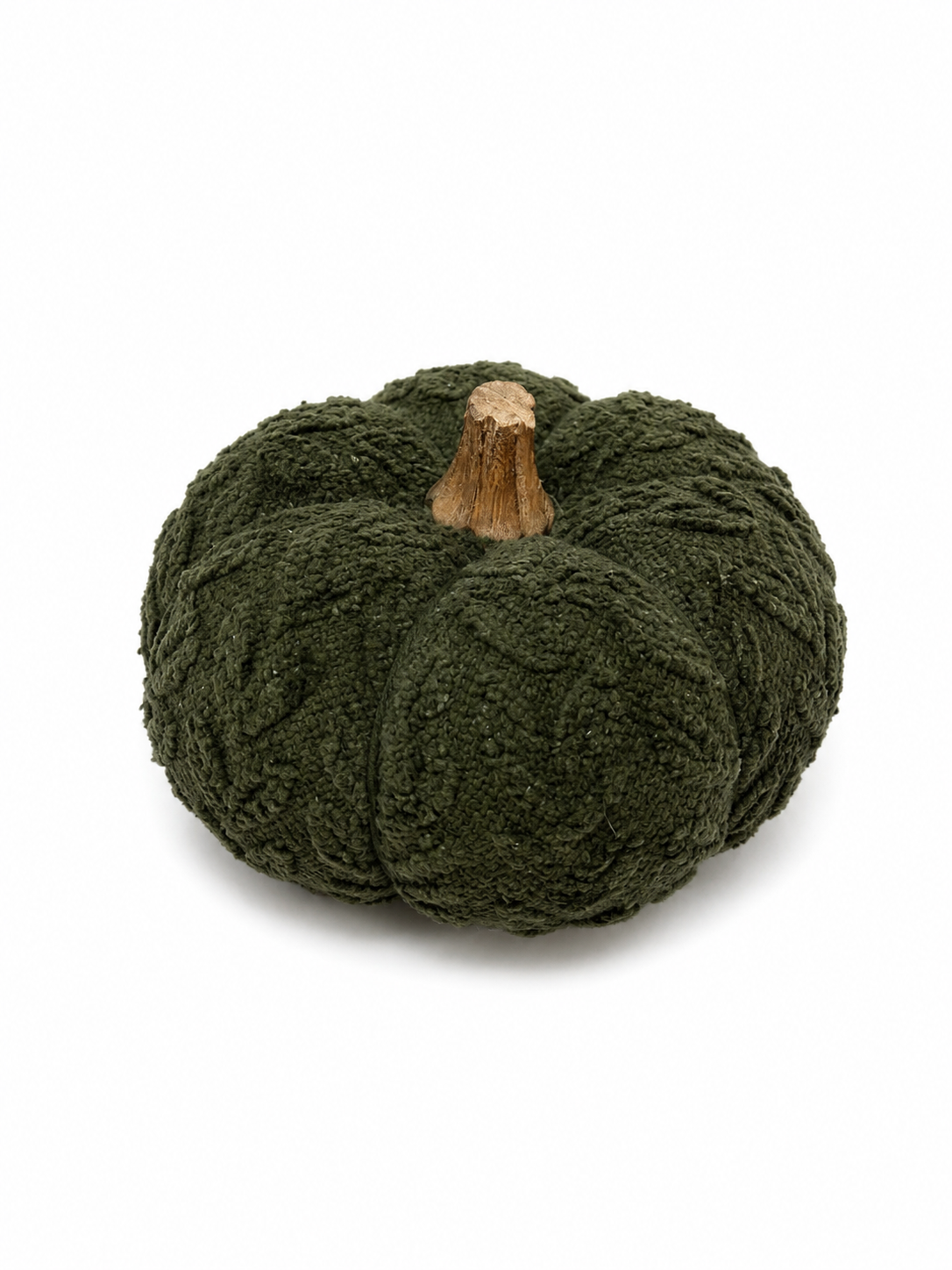 A dark olive green textured faux-fur pumpkin with a small brown stem, photographed on a clean white background.