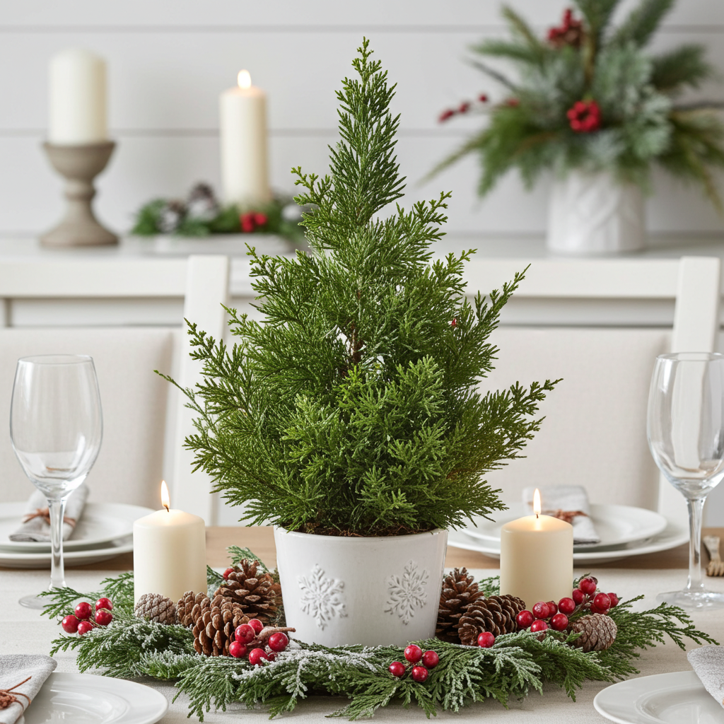 Decorative Christmas table setting with a small tree, candles, snowflake pot wreath and pinecones.