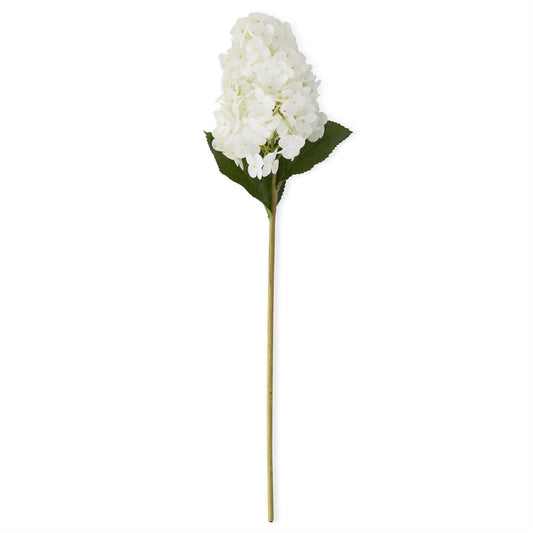 Artificial white hydrangea flower stem on a white background