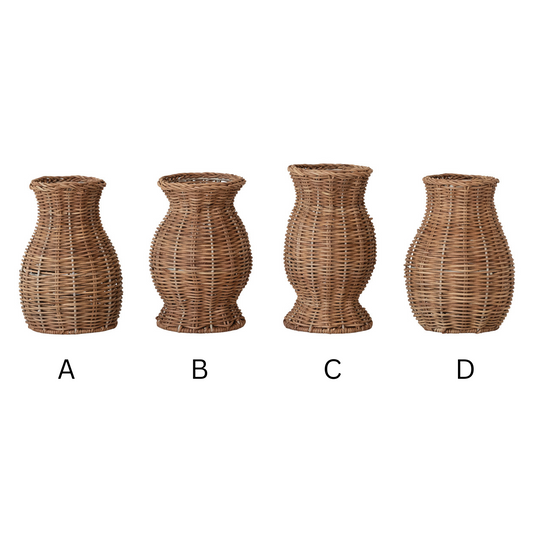 Four woven wicker baskets in different vase shapes, labeled A, B, C, and D, arranged horizontally on a plain white background.